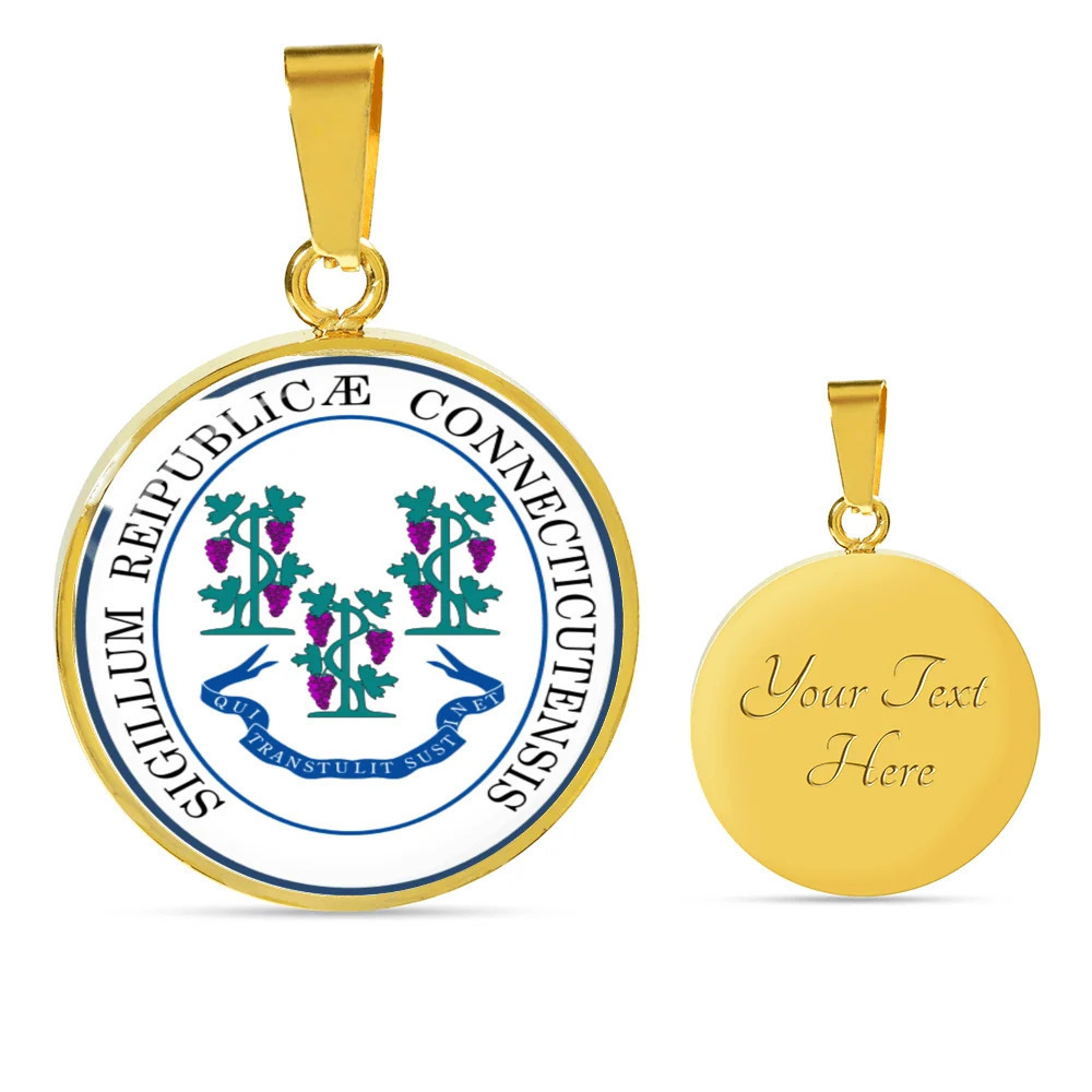 Connecticut State Seal Personalized Engraved Gold Circle Necklace Custom Name D
